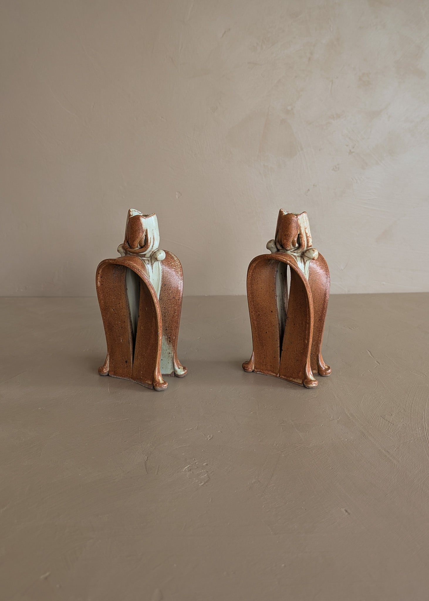 Pair of Unique Organic Modern Neutral Flower-Like Studio Pottery Candleholders