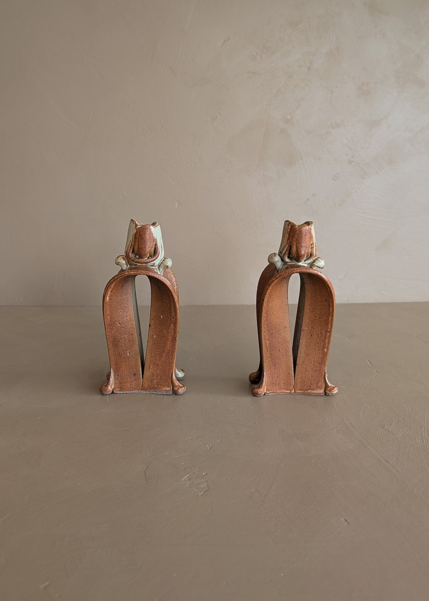 Pair of Unique Organic Modern Neutral Flower-Like Studio Pottery Candleholders
