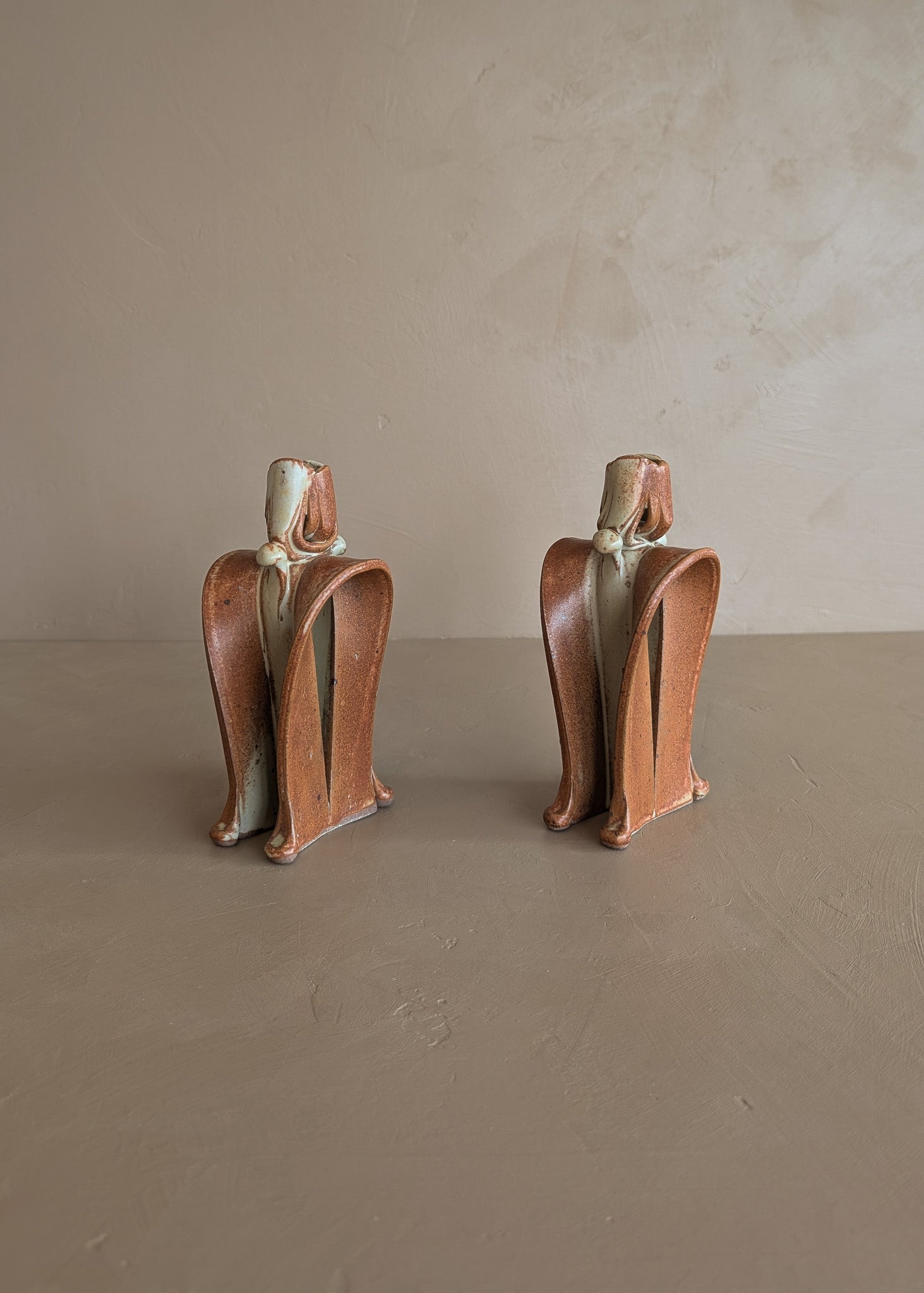 Pair of Unique Organic Modern Neutral Flower-Like Studio Pottery Candleholders