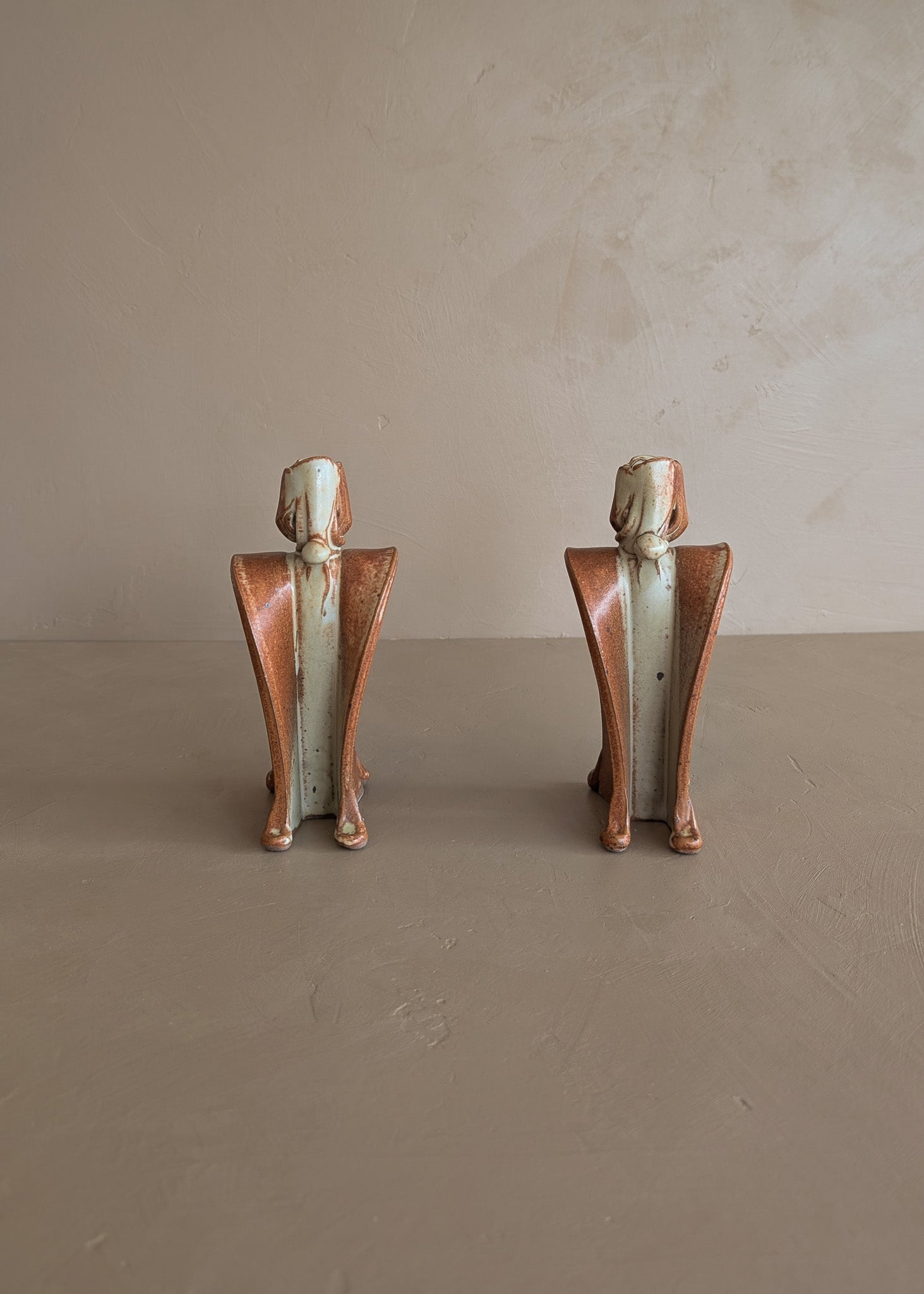 Pair of Unique Organic Modern Neutral Flower-Like Studio Pottery Candleholders