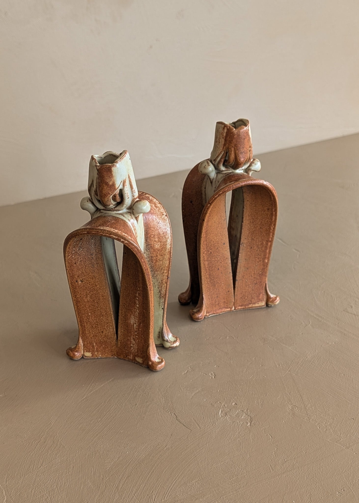 Pair of Unique Organic Modern Neutral Flower-Like Studio Pottery Candleholders