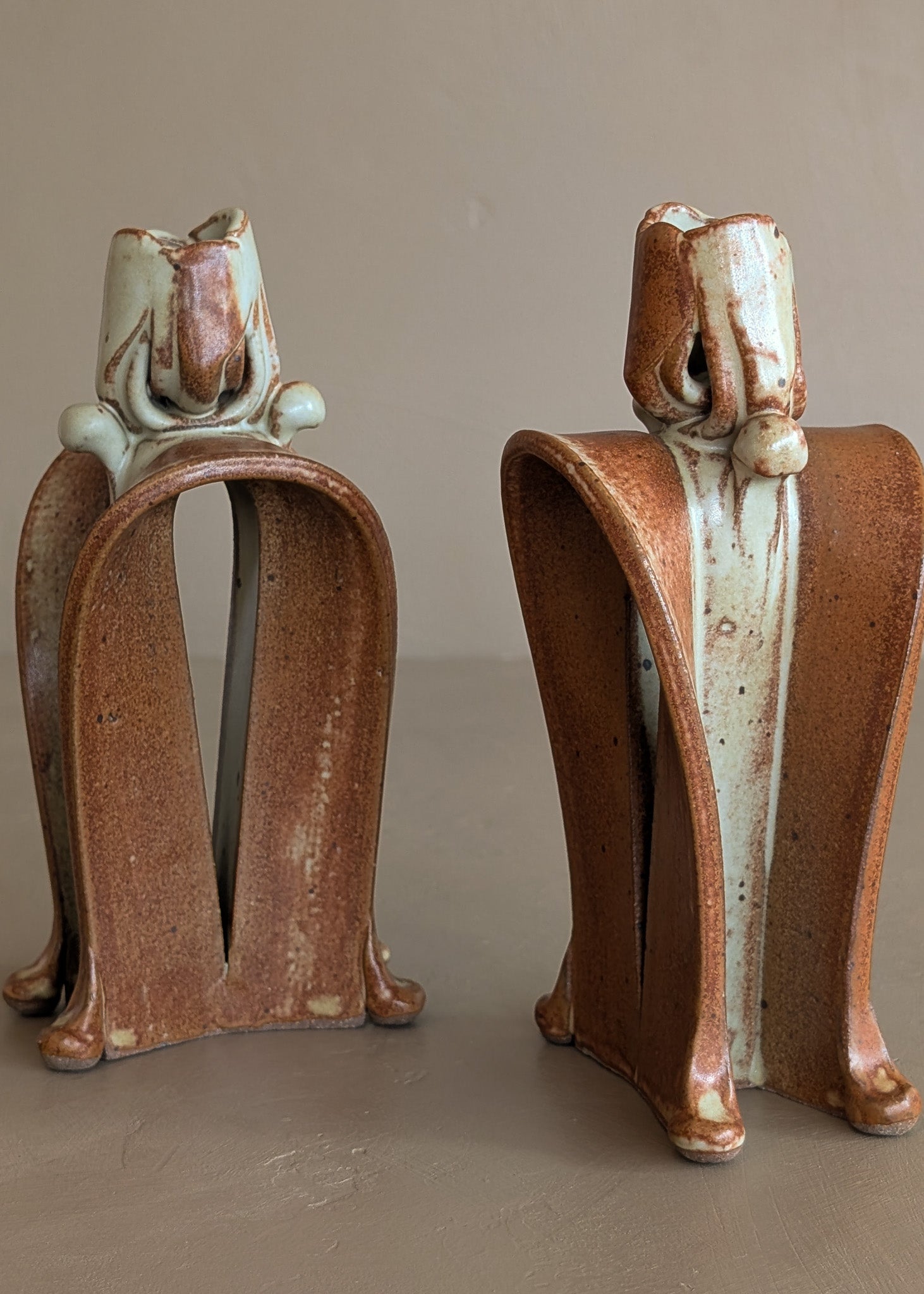 Pair of Unique Organic Modern Neutral Flower-Like Studio Pottery Candleholders