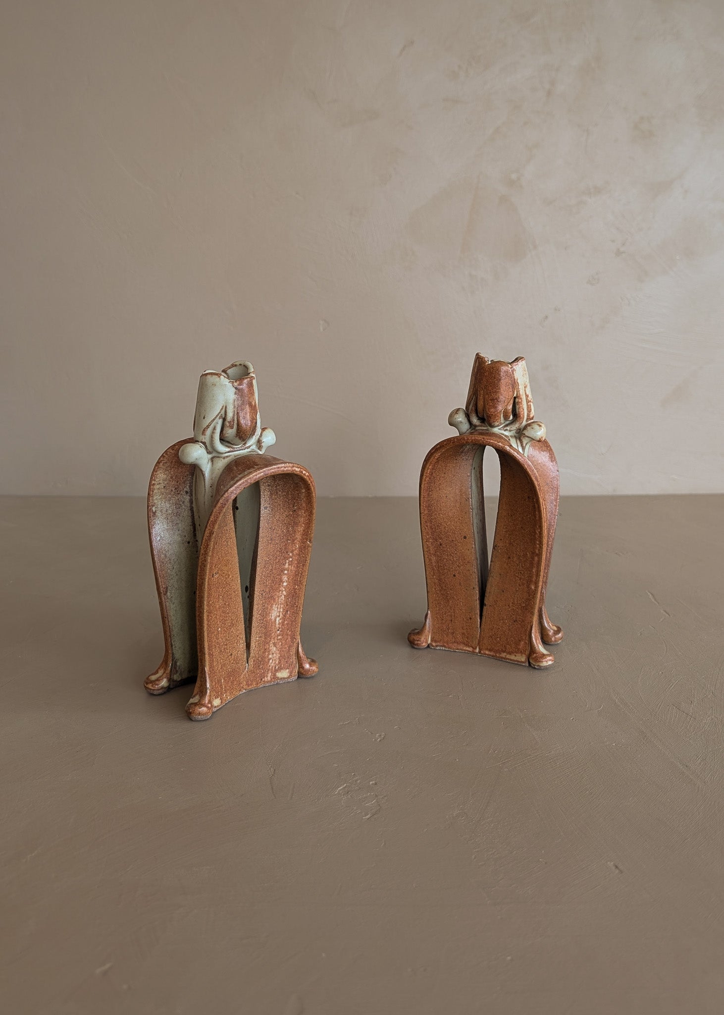Pair of Unique Organic Modern Neutral Flower-Like Studio Pottery Candleholders