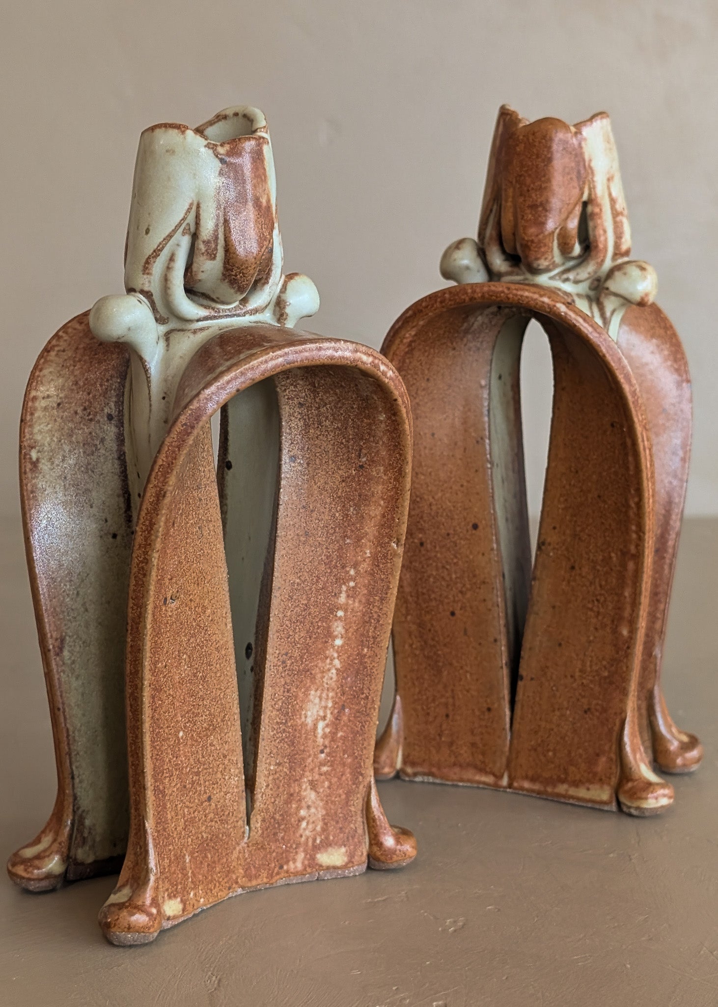 Pair of Unique Organic Modern Neutral Flower-Like Studio Pottery Candleholders