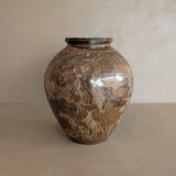 Vintage Signed Studio Pottery Brown Glazed Vase Incised with Nude Figures and Landscape