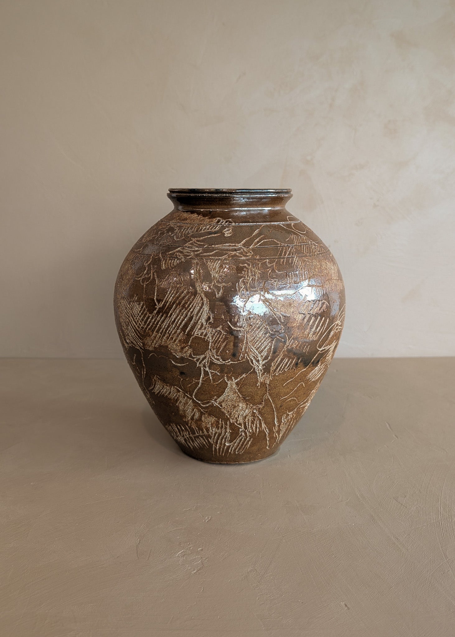 Vintage Signed Studio Pottery Brown Glazed Vase Incised with Nude Figures and Landscape