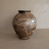 Vintage Signed Studio Pottery Brown Glazed Vase Incised with Nude Figures and Landscape