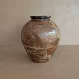 Vintage Signed Studio Pottery Brown Glazed Vase Incised with Nude Figures and Landscape