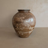 Vintage Signed Studio Pottery Brown Glazed Vase Incised with Nude Figures and Landscape