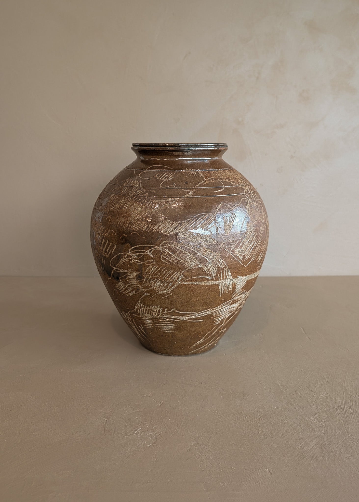 Vintage Signed Studio Pottery Brown Glazed Vase Incised with Nude Figures and Landscape