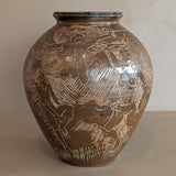 Vintage Signed Studio Pottery Brown Glazed Vase Incised with Nude Figures and Landscape