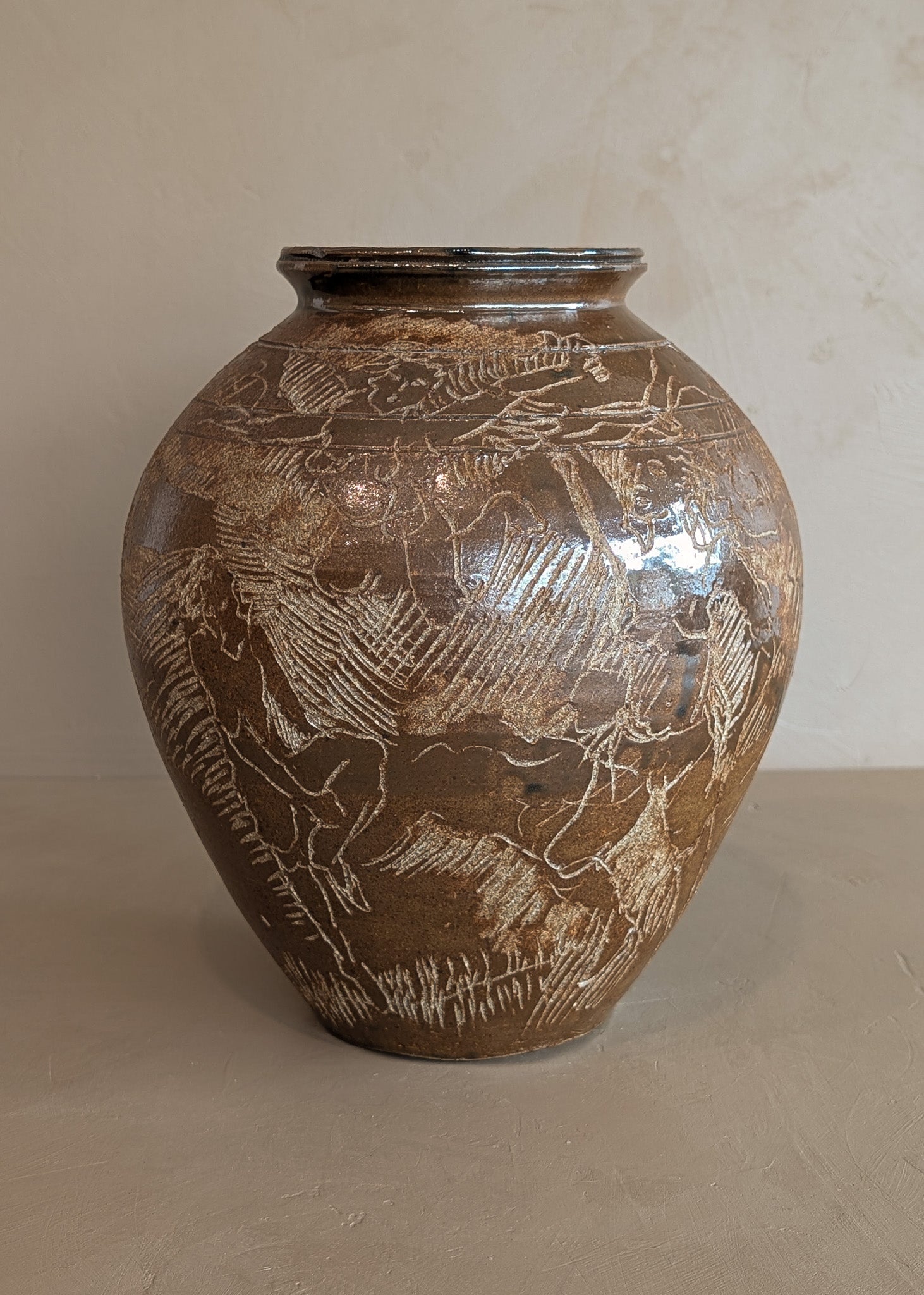 Vintage Signed Studio Pottery Brown Glazed Vase Incised with Nude Figures and Landscape