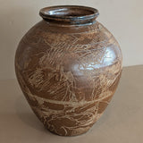 Vintage Signed Studio Pottery Brown Glazed Vase Incised with Nude Figures and Landscape
