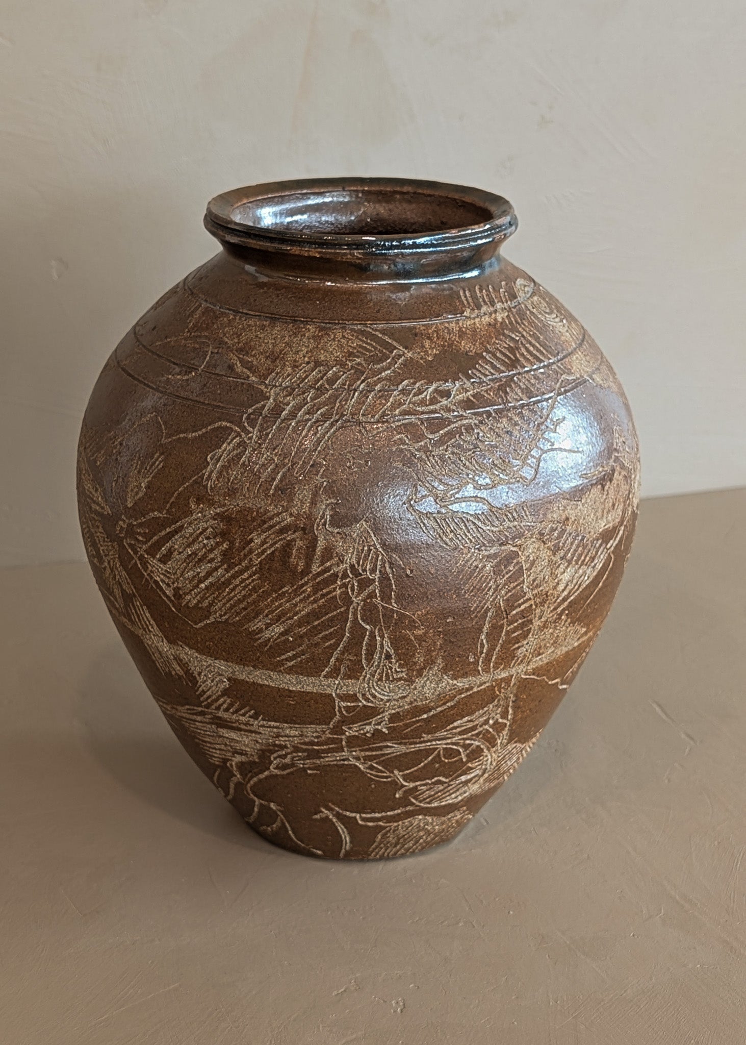 Vintage Signed Studio Pottery Brown Glazed Vase Incised with Nude Figures and Landscape