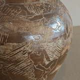 Vintage Signed Studio Pottery Brown Glazed Vase Incised with Nude Figures and Landscape