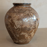 Vintage Signed Studio Pottery Brown Glazed Vase Incised with Nude Figures and Landscape