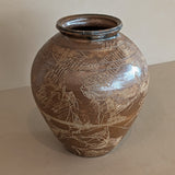 Vintage Signed Studio Pottery Brown Glazed Vase Incised with Nude Figures and Landscape