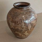 Vintage Signed Studio Pottery Brown Glazed Vase Incised with Nude Figures and Landscape