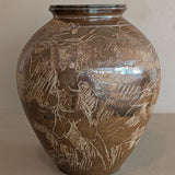 Vintage Signed Studio Pottery Brown Glazed Vase Incised with Nude Figures and Landscape