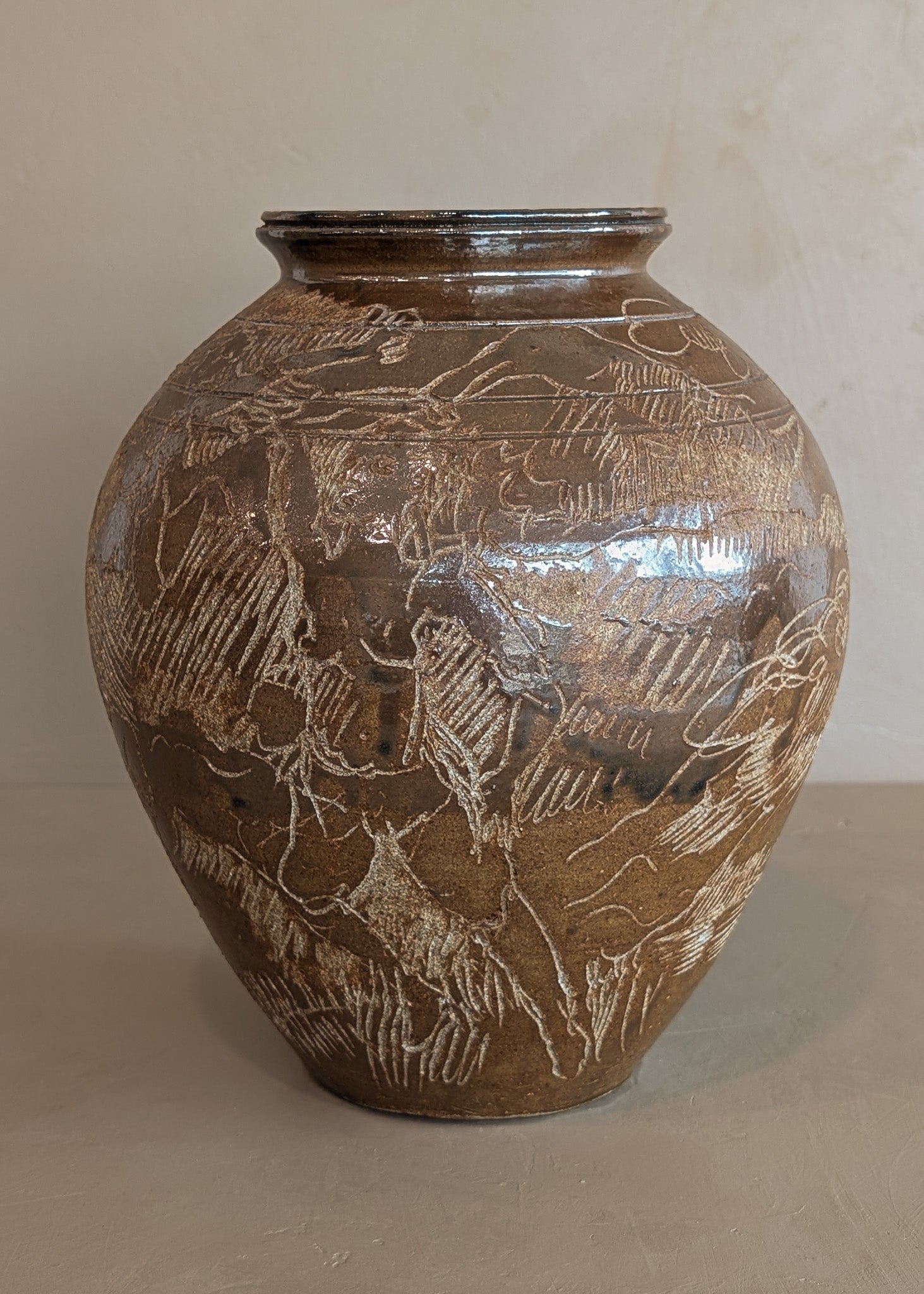 Vintage Signed Studio Pottery Brown Glazed Vase Incised with Nude Figures and Landscape