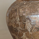 Vintage Signed Studio Pottery Brown Glazed Vase Incised with Nude Figures and Landscape