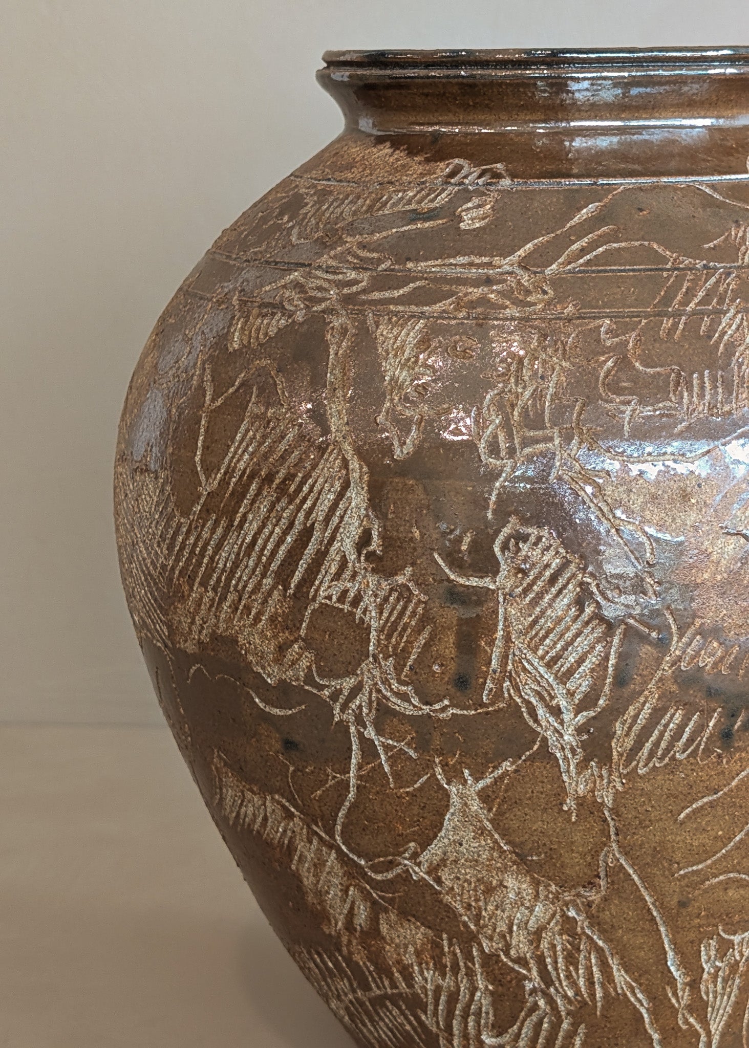 Vintage Signed Studio Pottery Brown Glazed Vase Incised with Nude Figures and Landscape