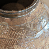 Vintage Signed Studio Pottery Brown Glazed Vase Incised with Nude Figures and Landscape