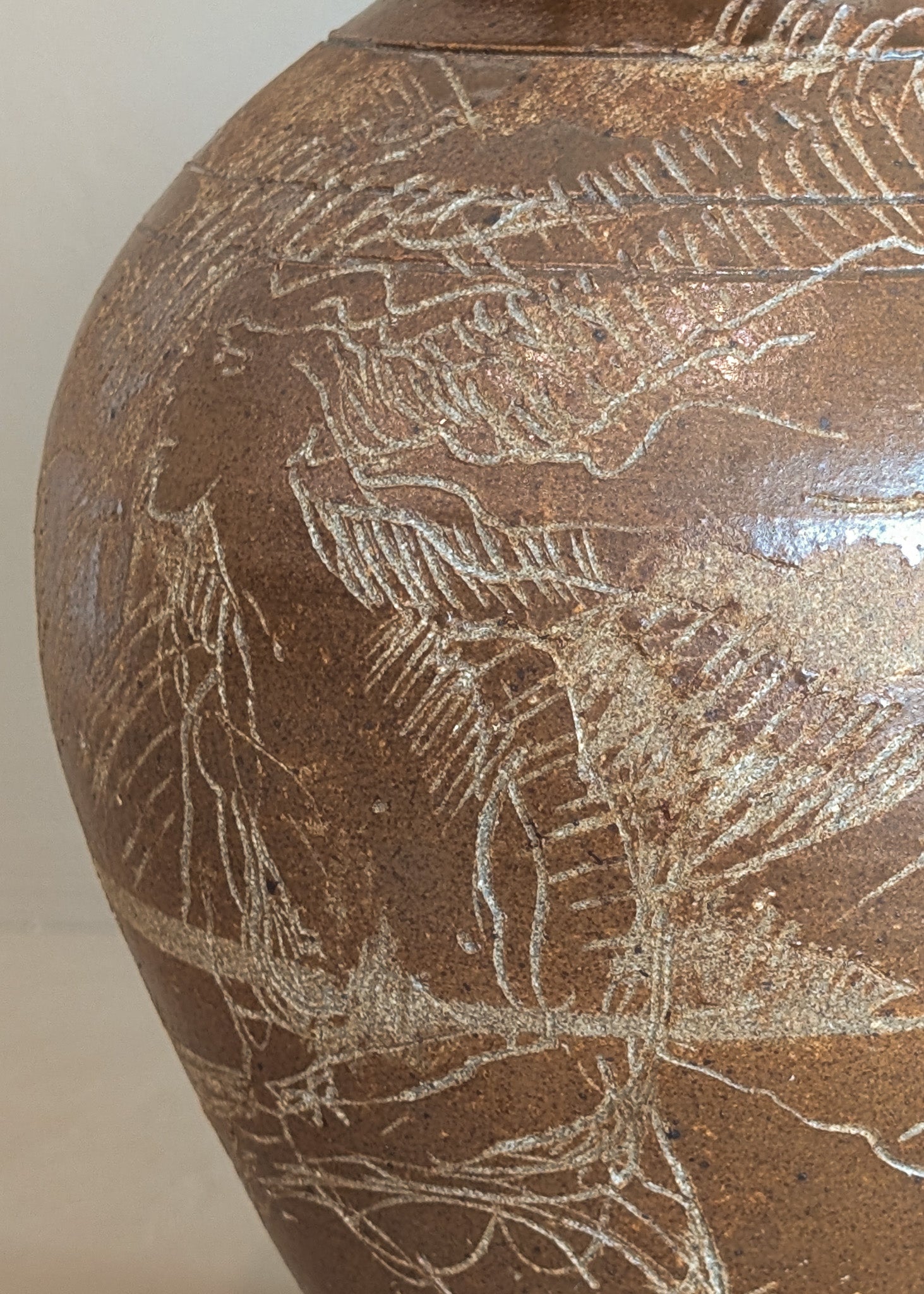 Vintage Signed Studio Pottery Brown Glazed Vase Incised with Nude Figures and Landscape