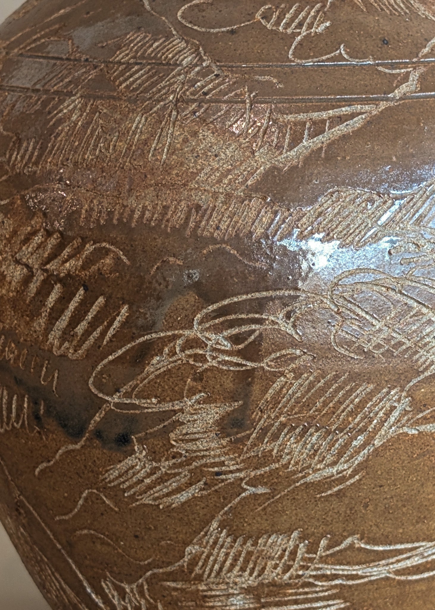 Vintage Signed Studio Pottery Brown Glazed Vase Incised with Nude Figures and Landscape