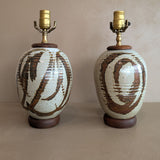 Pair of Vintage Neutral Studio Pottery and Teak Wood Lamps with Freeform Detailing