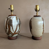 Pair of Vintage Neutral Studio Pottery and Teak Wood Lamps with Freeform Detailing