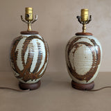 Pair of Vintage Neutral Studio Pottery and Teak Wood Lamps with Freeform Detailing