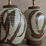 Pair of Vintage Neutral Studio Pottery and Teak Wood Lamps with Freeform Detailing