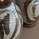 Pair of Vintage Neutral Studio Pottery and Teak Wood Lamps with Freeform Detailing