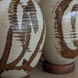 Pair of Vintage Neutral Studio Pottery and Teak Wood Lamps with Freeform Detailing