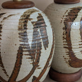 Pair of Vintage Neutral Studio Pottery and Teak Wood Lamps with Freeform Detailing