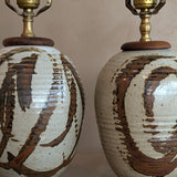 Pair of Vintage Neutral Studio Pottery and Teak Wood Lamps with Freeform Detailing