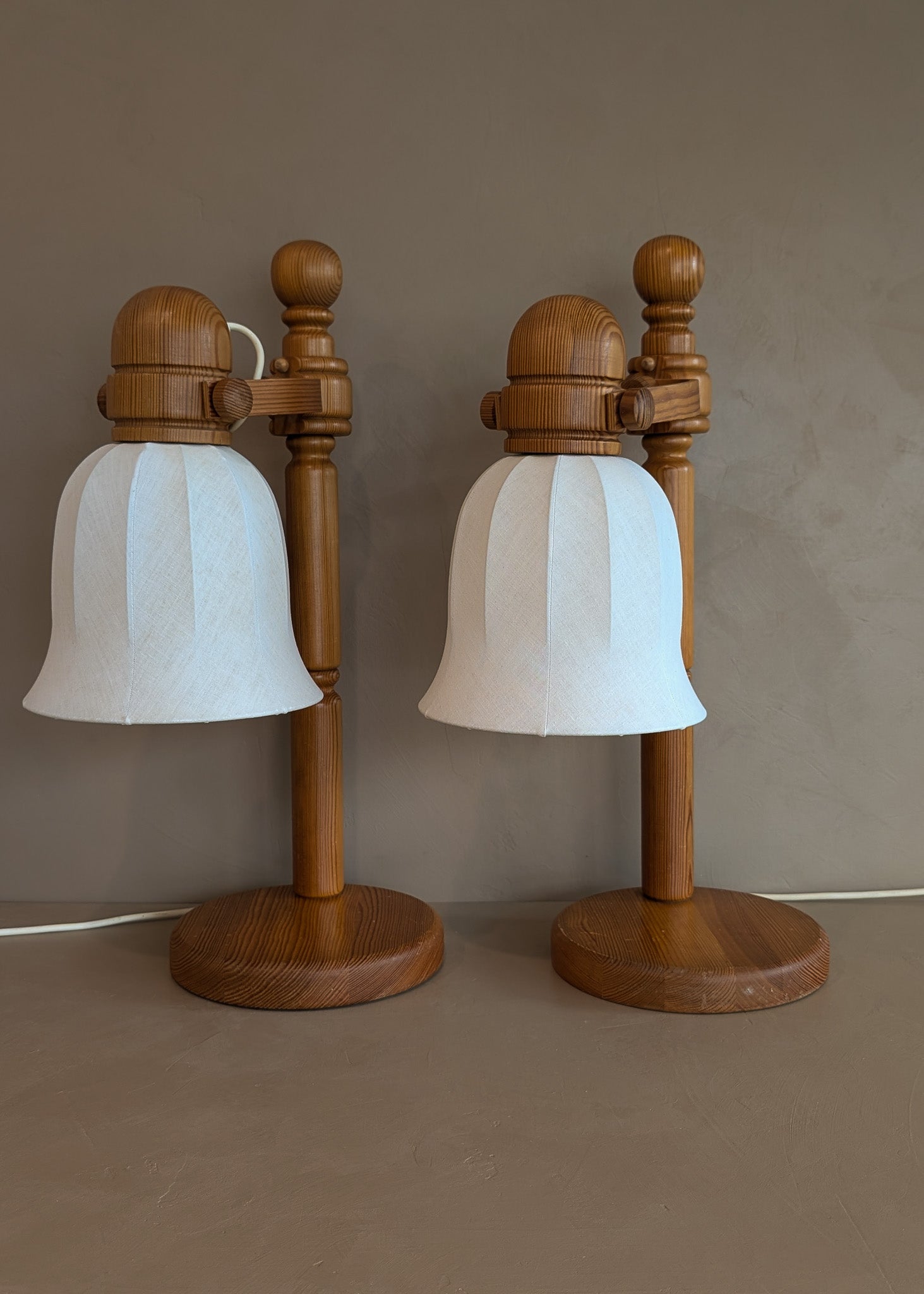 Pair of Large Unique Vintage Swedish Markslöjd Pine Table Lamps with Original Articulating Linen Shades