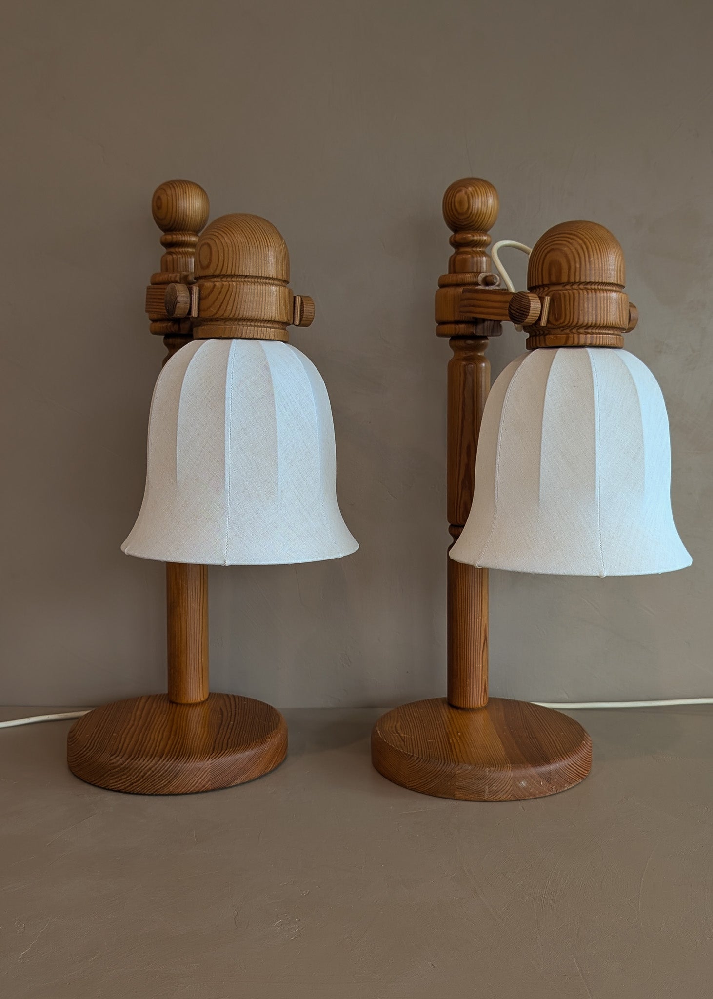 Pair of Large Unique Vintage Swedish Markslöjd Pine Table Lamps with Original Articulating Linen Shades