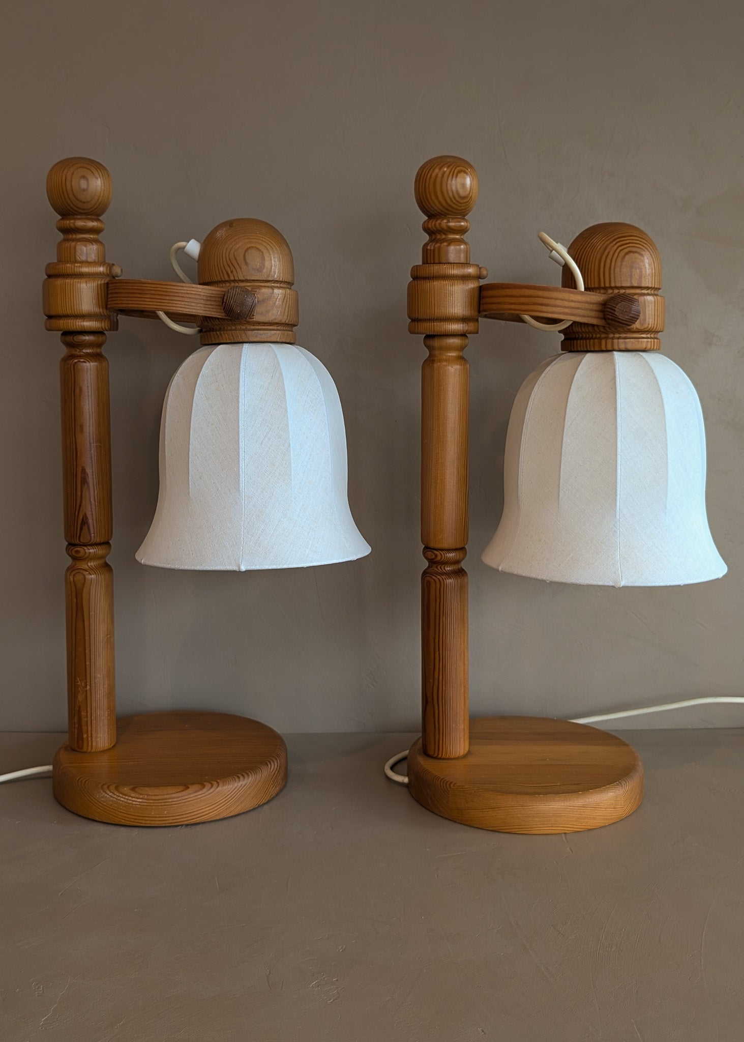 Pair of Large Unique Vintage Swedish Markslöjd Pine Table Lamps with Original Articulating Linen Shades