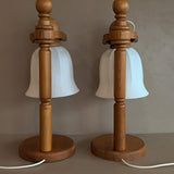 Pair of Large Unique Vintage Swedish Markslöjd Pine Table Lamps with Original Articulating Linen Shades