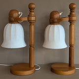 Pair of Large Unique Vintage Swedish Markslöjd Pine Table Lamps with Original Articulating Linen Shades