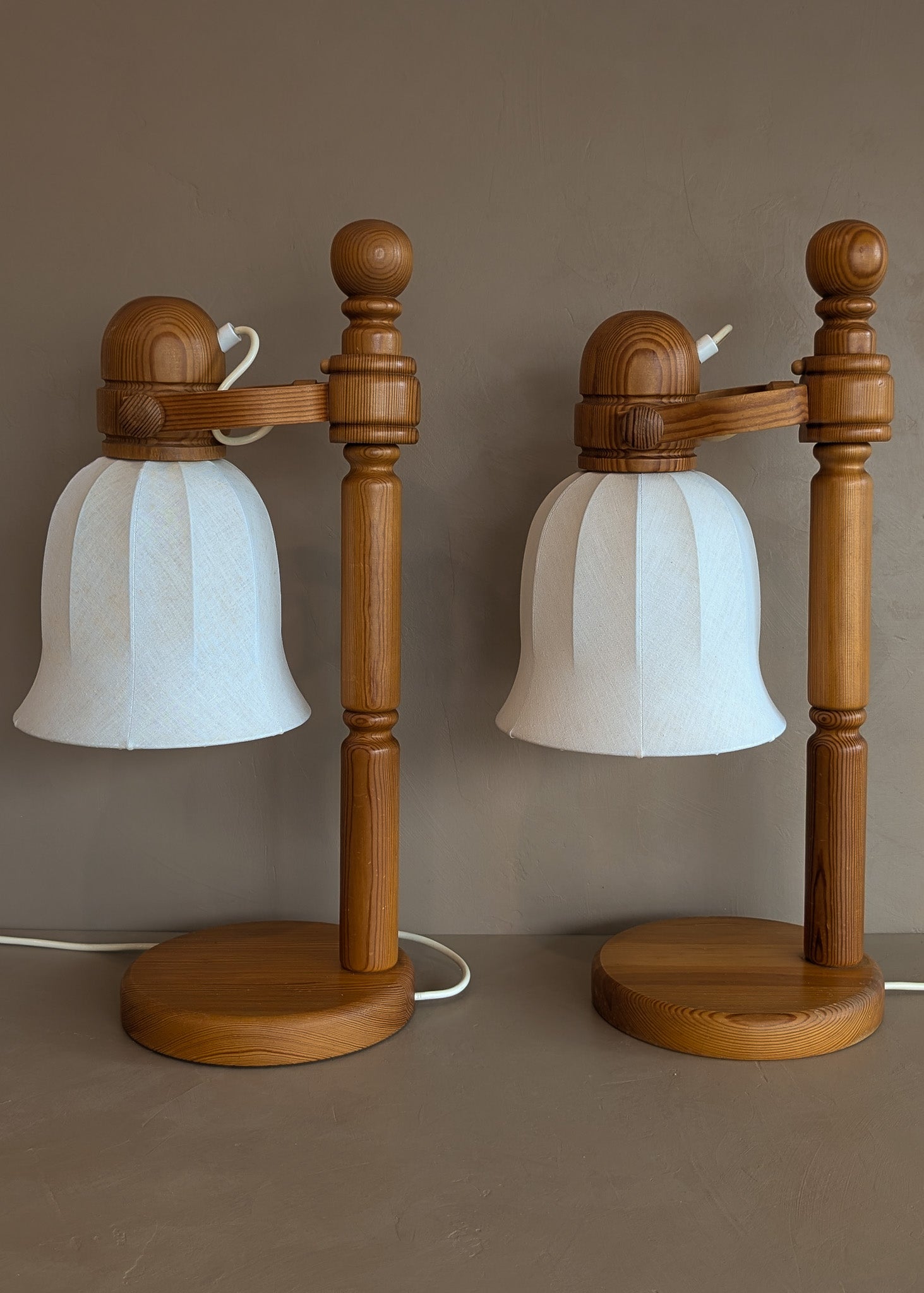 Pair of Large Unique Vintage Swedish Markslöjd Pine Table Lamps with Original Articulating Linen Shades