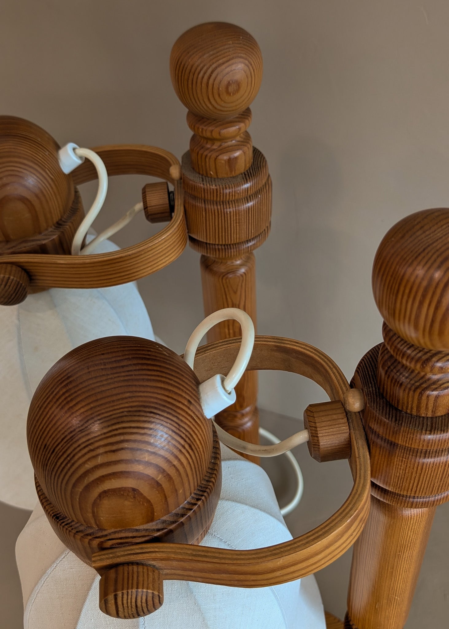 Pair of Large Unique Vintage Swedish Markslöjd Pine Table Lamps with Original Articulating Linen Shades