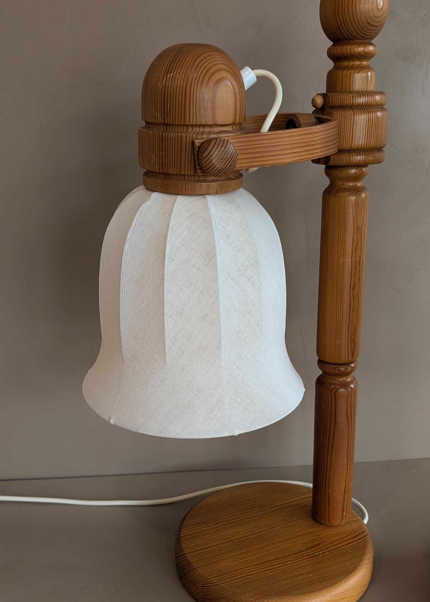 Pair of Large Unique Vintage Swedish Markslöjd Pine Table Lamps with Original Articulating Linen Shades