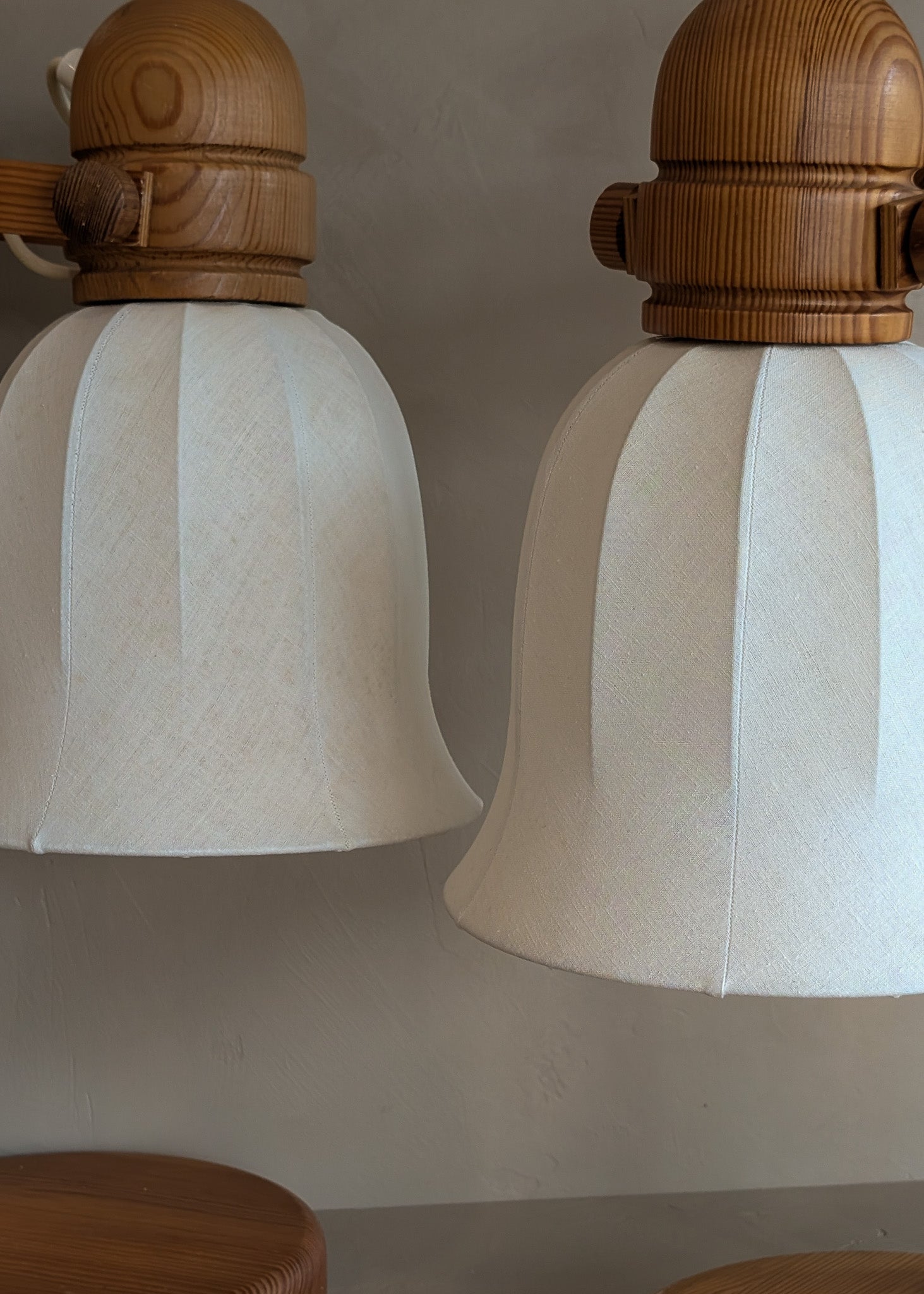 Pair of Large Unique Vintage Swedish Markslöjd Pine Table Lamps with Original Articulating Linen Shades