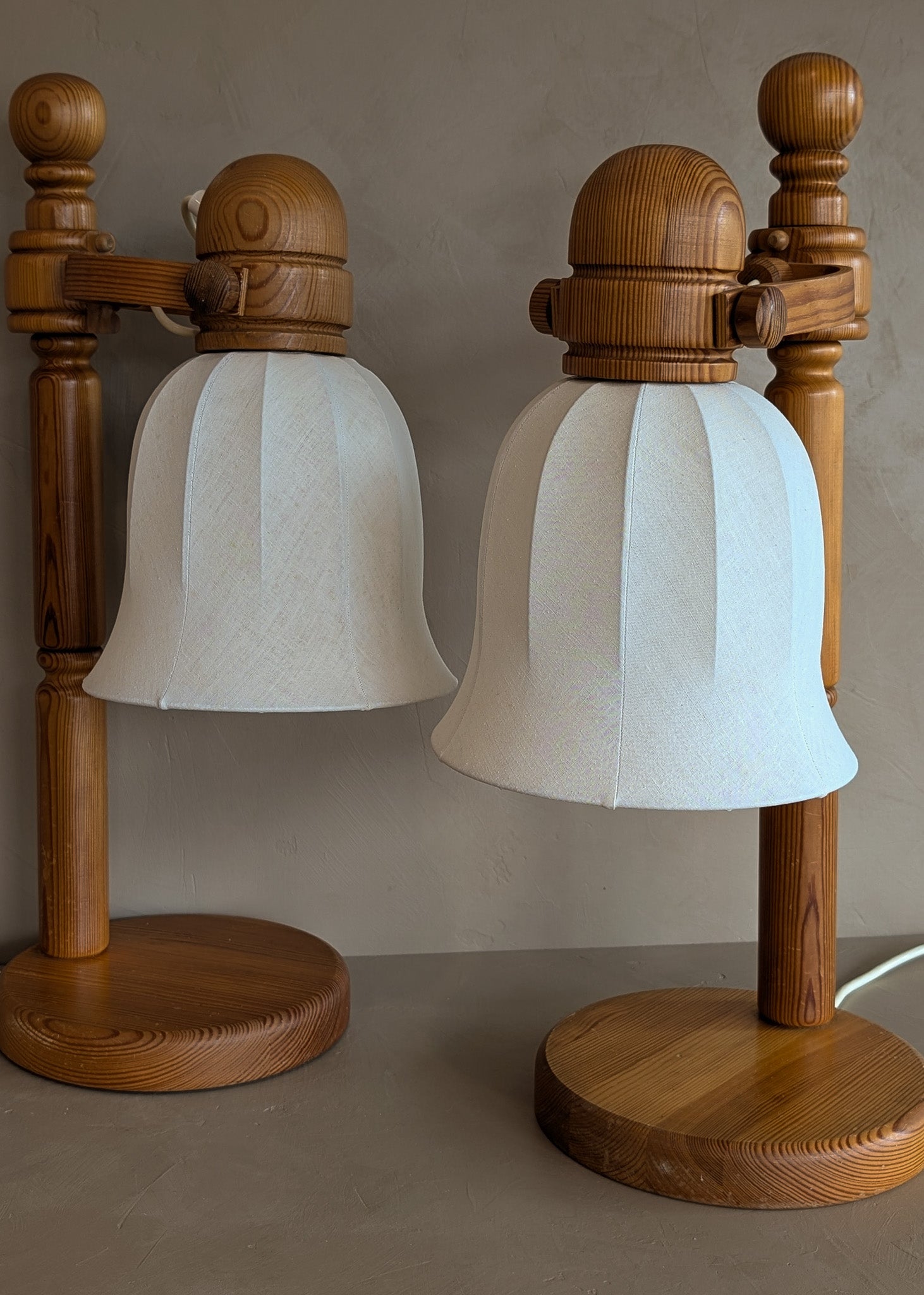 Pair of Large Unique Vintage Swedish Markslöjd Pine Table Lamps with Original Articulating Linen Shades