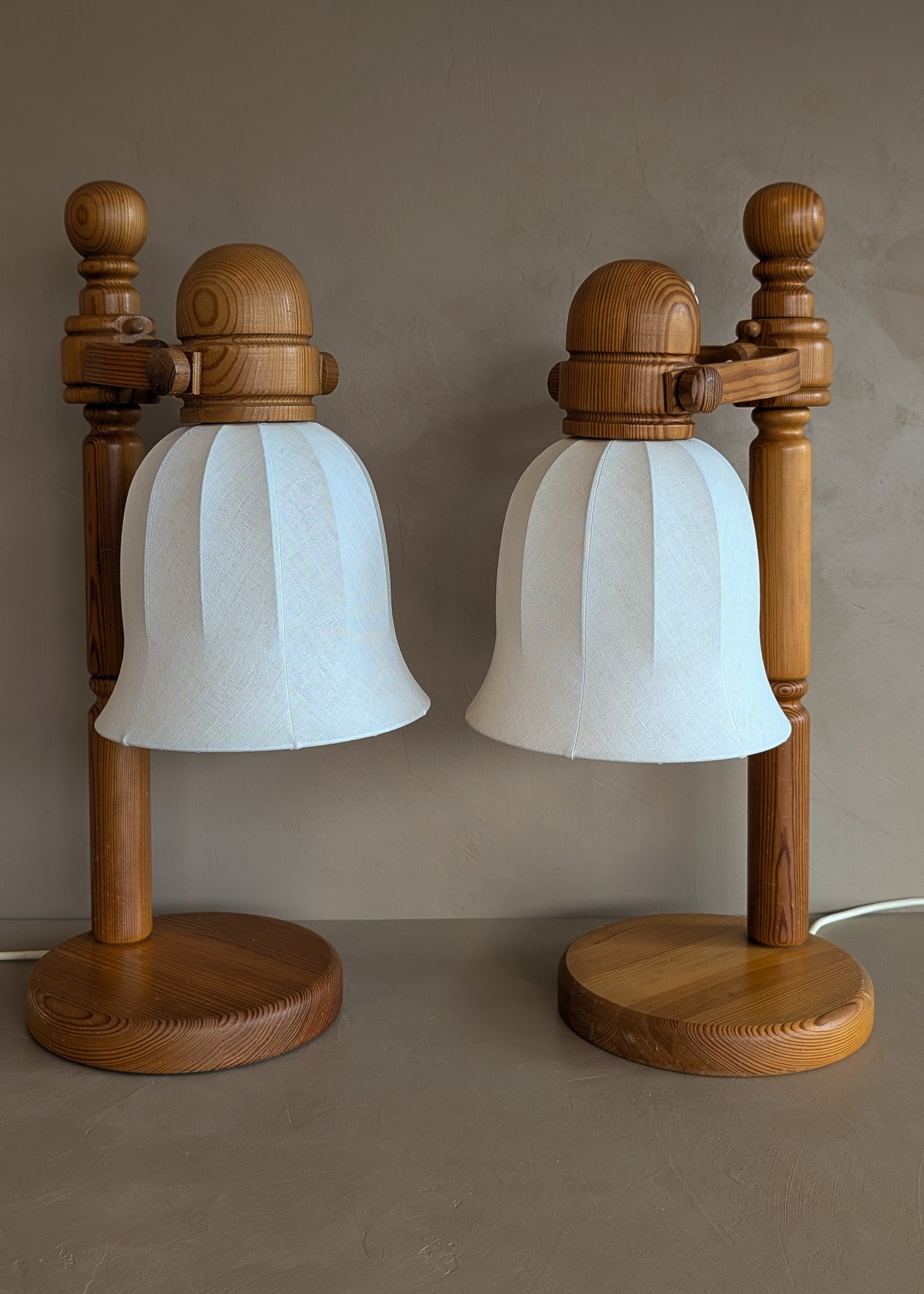Pair of Large Unique Vintage Swedish Markslöjd Pine Table Lamps with Original Articulating Linen Shades