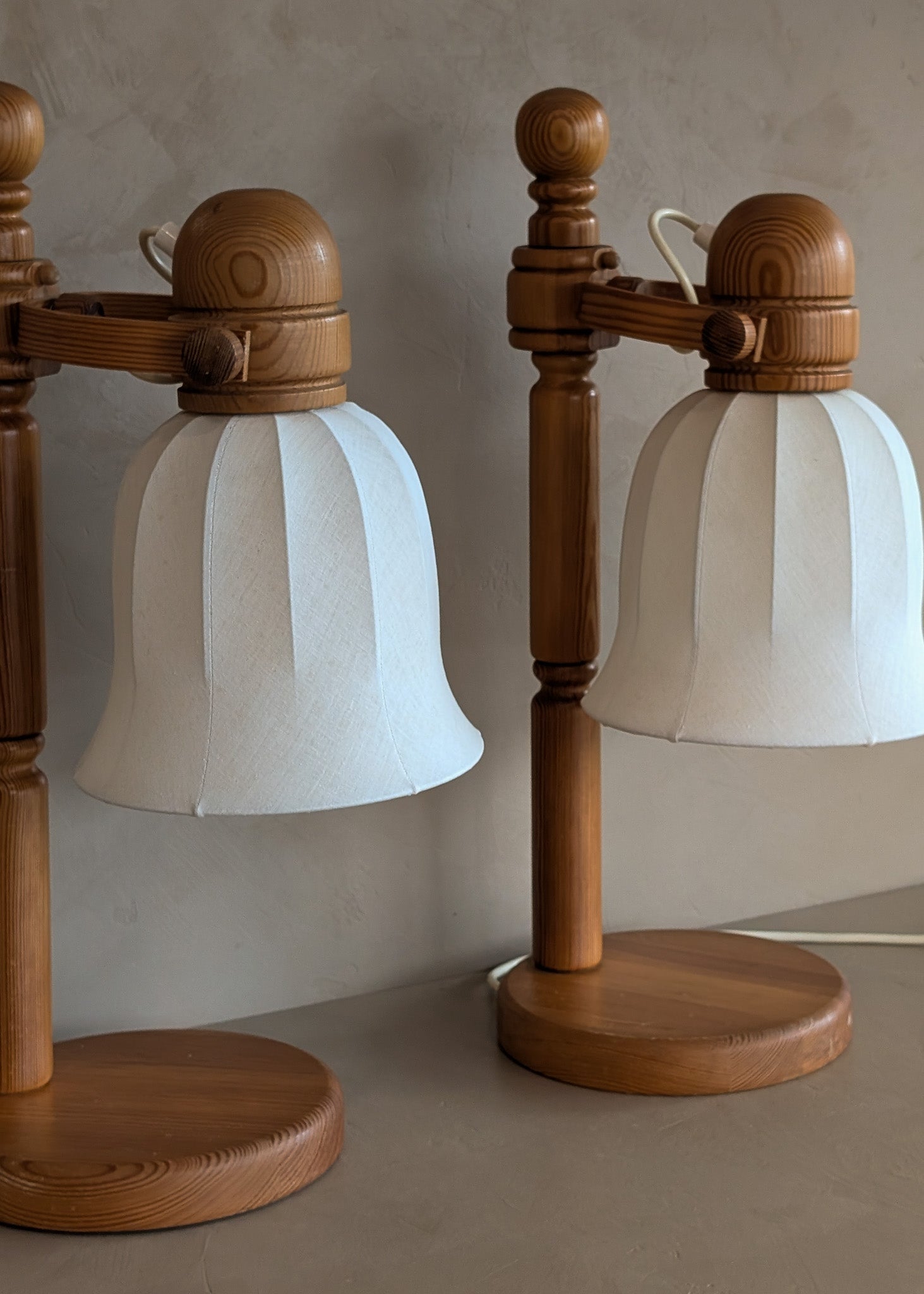 Pair of Large Unique Vintage Swedish Markslöjd Pine Table Lamps with Original Articulating Linen Shades