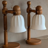 Pair of Large Unique Vintage Swedish Markslöjd Pine Table Lamps with Original Articulating Linen Shades